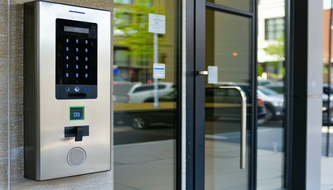 Modern access control system installed at a commercial building entrance
