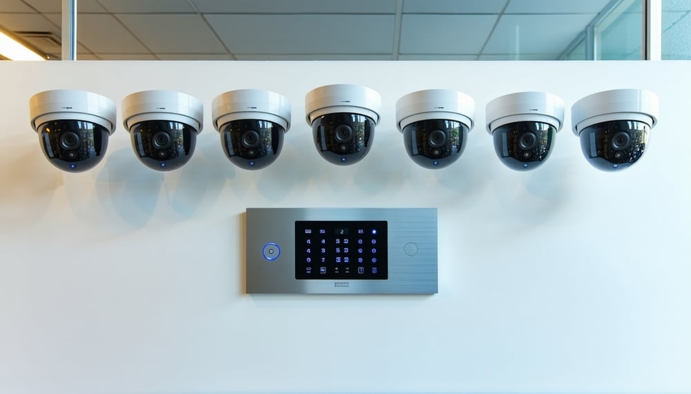 Modern security cameras and access control panel installed in a commercial building