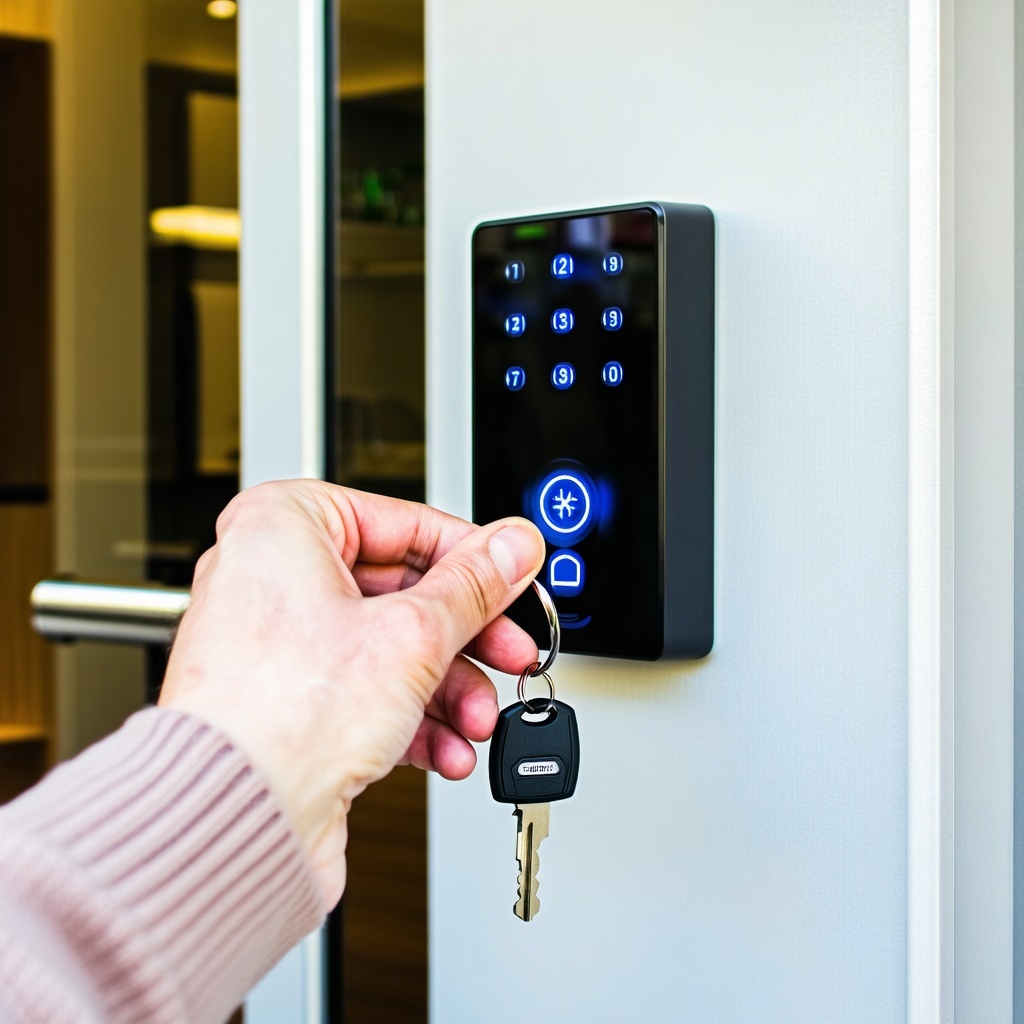 person holding a key fob to a fob reader to enter building